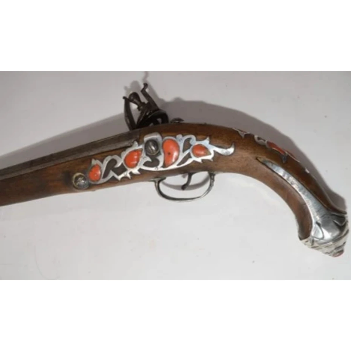 WOODEN PISTOL, WITH SILVER INLAYS, ALGERIA, 19TH CENTURY