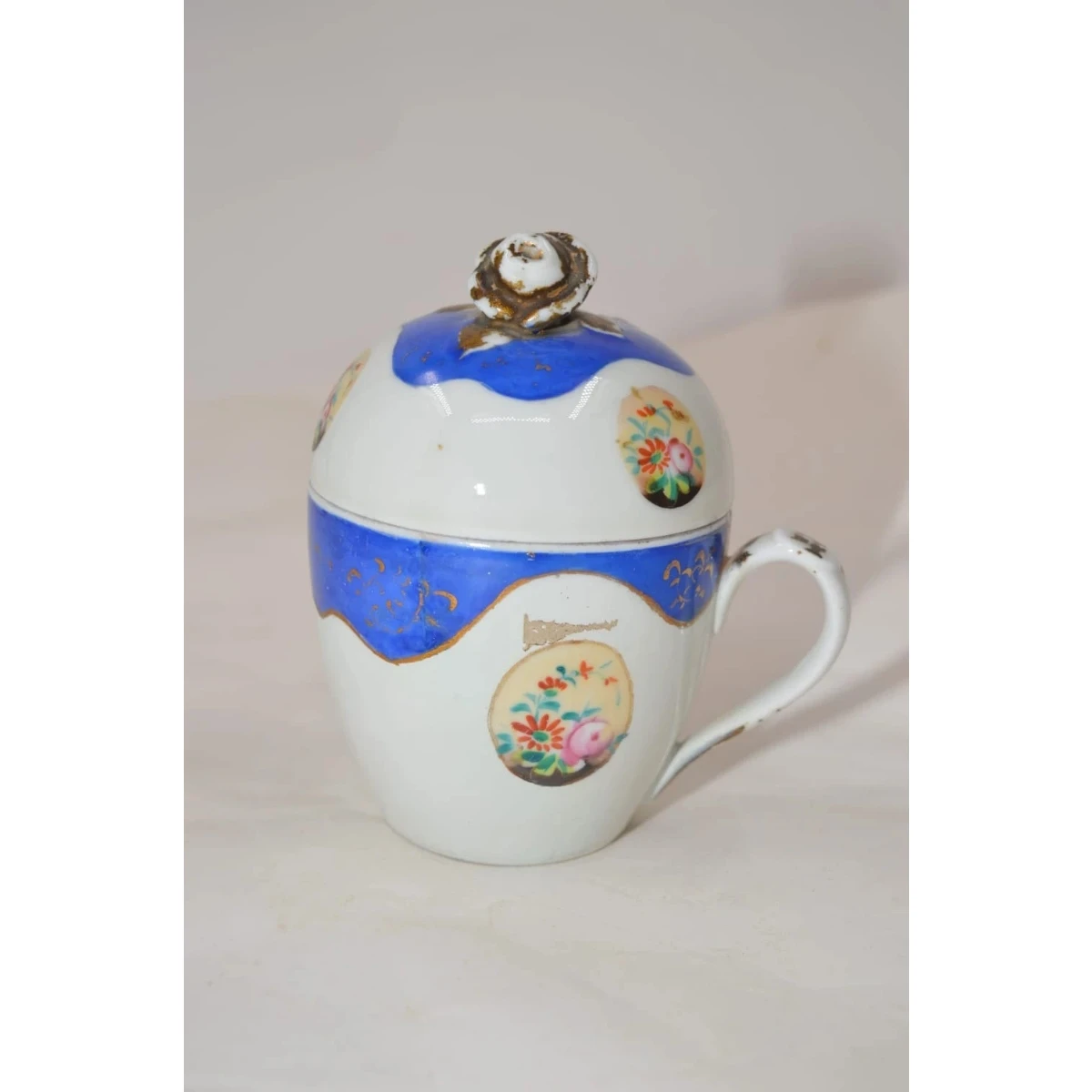 White and Blue Lidded Antique Cup