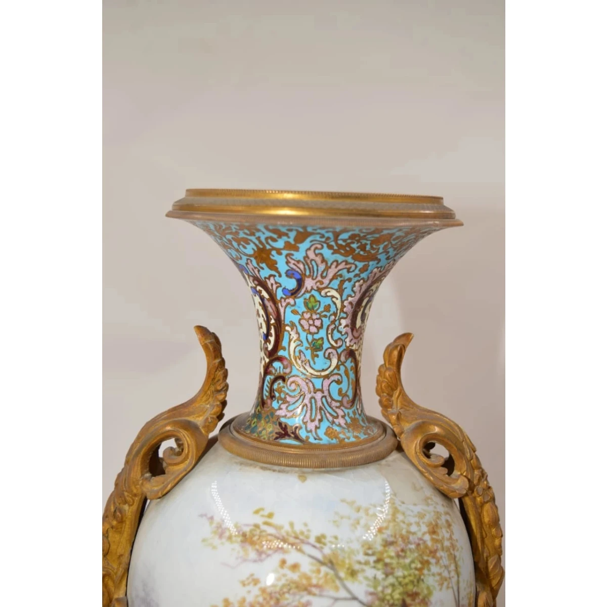Lot of Sèvres-Style Cloisonné-Mounted Porcelain Vase and Centrepiece