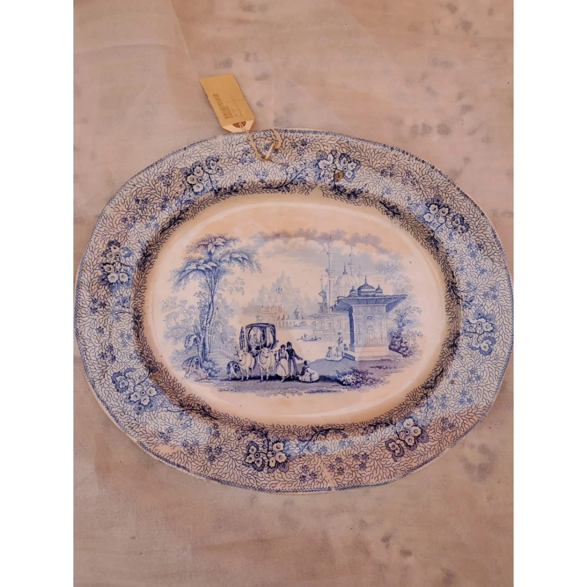 Blue and white antique continental orientalist oval faience dish