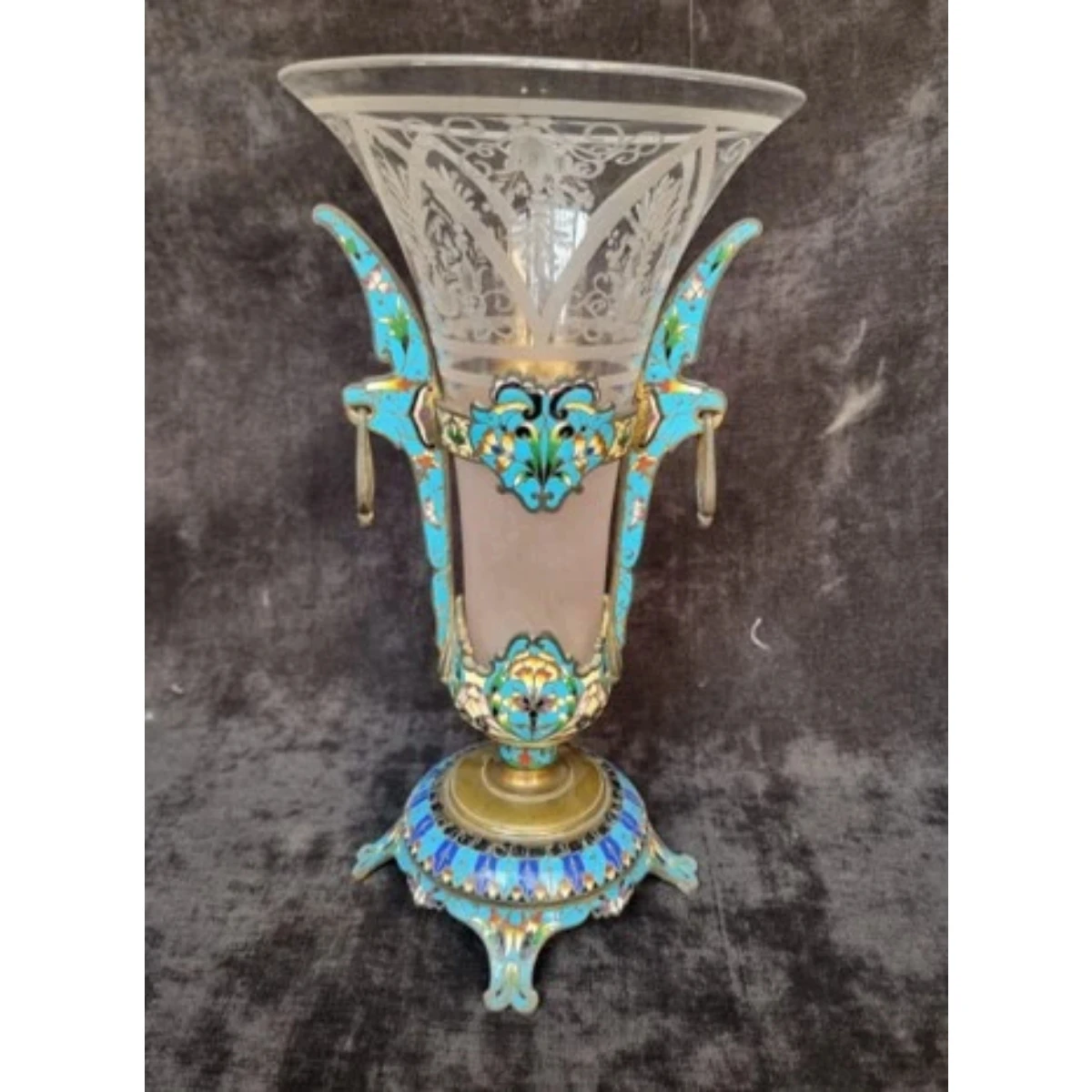 Cloisonné-Mounted Engraved Crystal Vase France