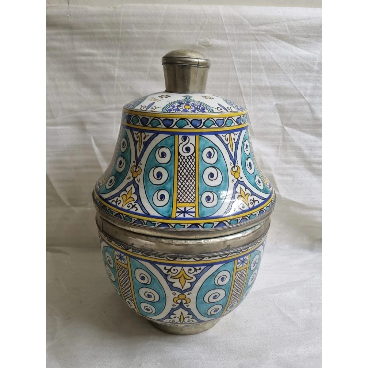 large lidded polychrome ceramic bowl